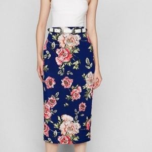 Blue High-Waisted Floral Pencil Skirt